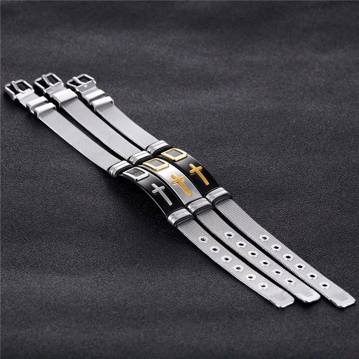 Comprimento ajustável pulseiras de aço inoxidável para homem mulheres relógio banda estilo punk net banda cristão cruz oração masculino