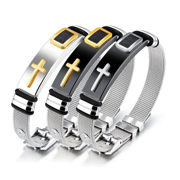 Comprimento ajustável pulseiras de aço inoxidável para homem mulheres relógio banda estilo punk net banda cristão cruz oração masculino