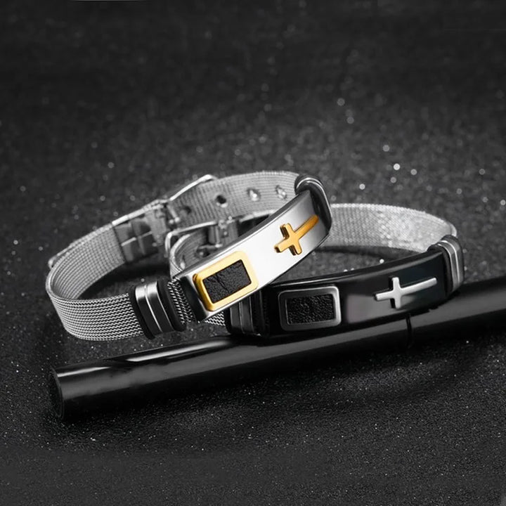 Comprimento ajustável pulseiras de aço inoxidável para homem mulheres relógio banda estilo punk net banda cristão cruz oração masculino