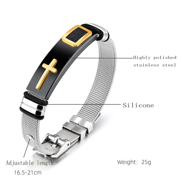 Comprimento ajustável pulseiras de aço inoxidável para homem mulheres relógio banda estilo punk net banda cristão cruz oração masculino