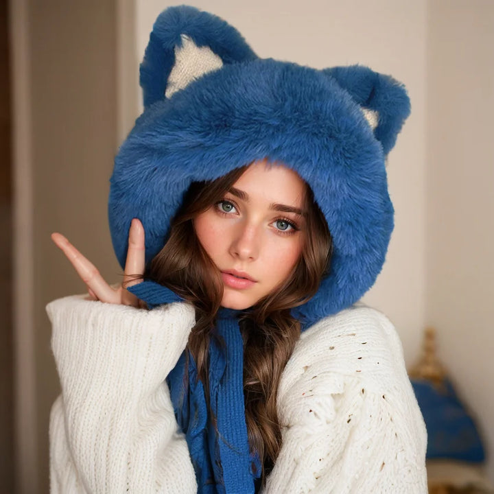 Senior Winter Thickening Fiery Plush Ball Imitate Fox Ears Beanies Skull Hat for Women Outdoor Cos Lovely Lady Cold Caps W238